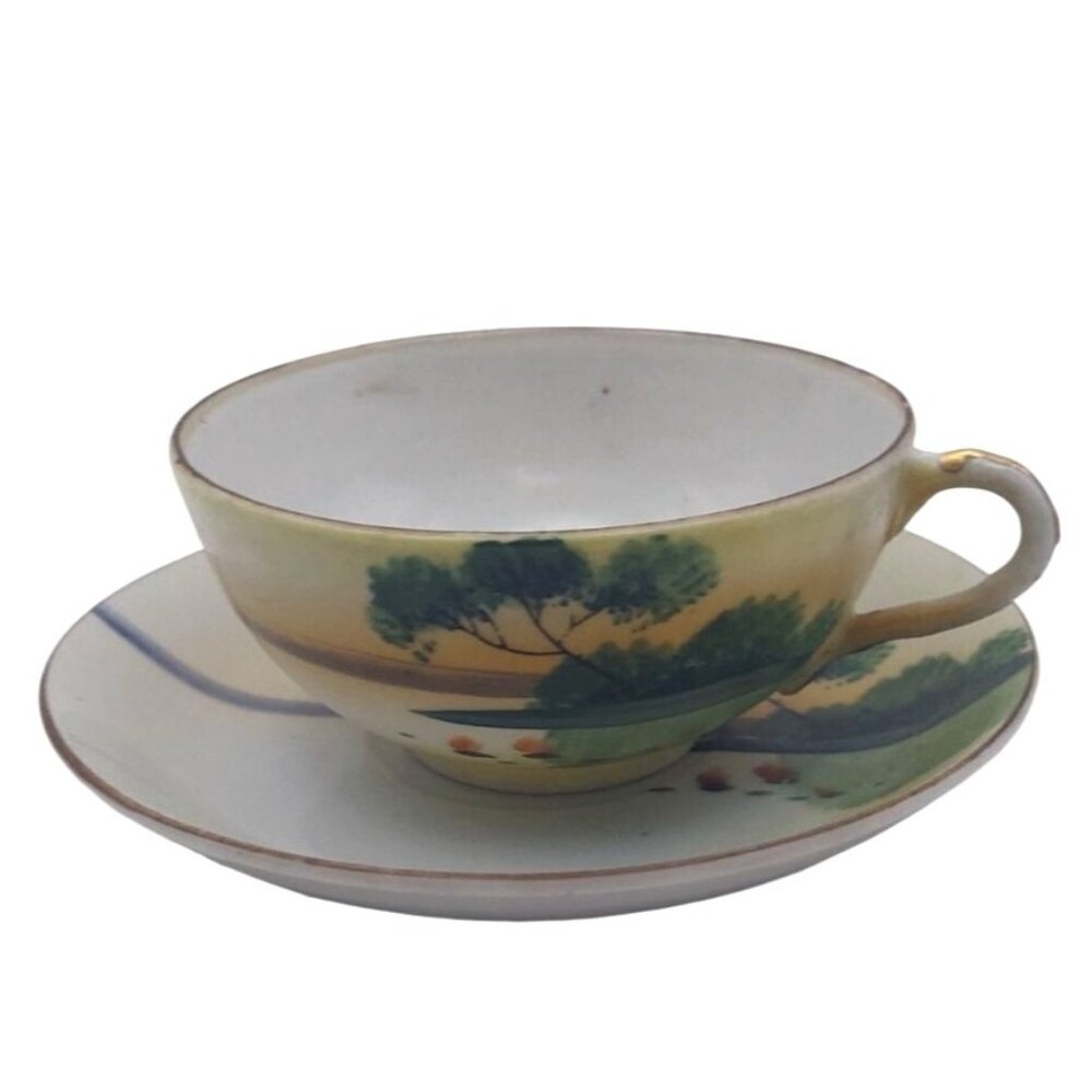 Vintage Chikaramachi Hand Painted Porcelain Teacup and Saucer Landscape Japan